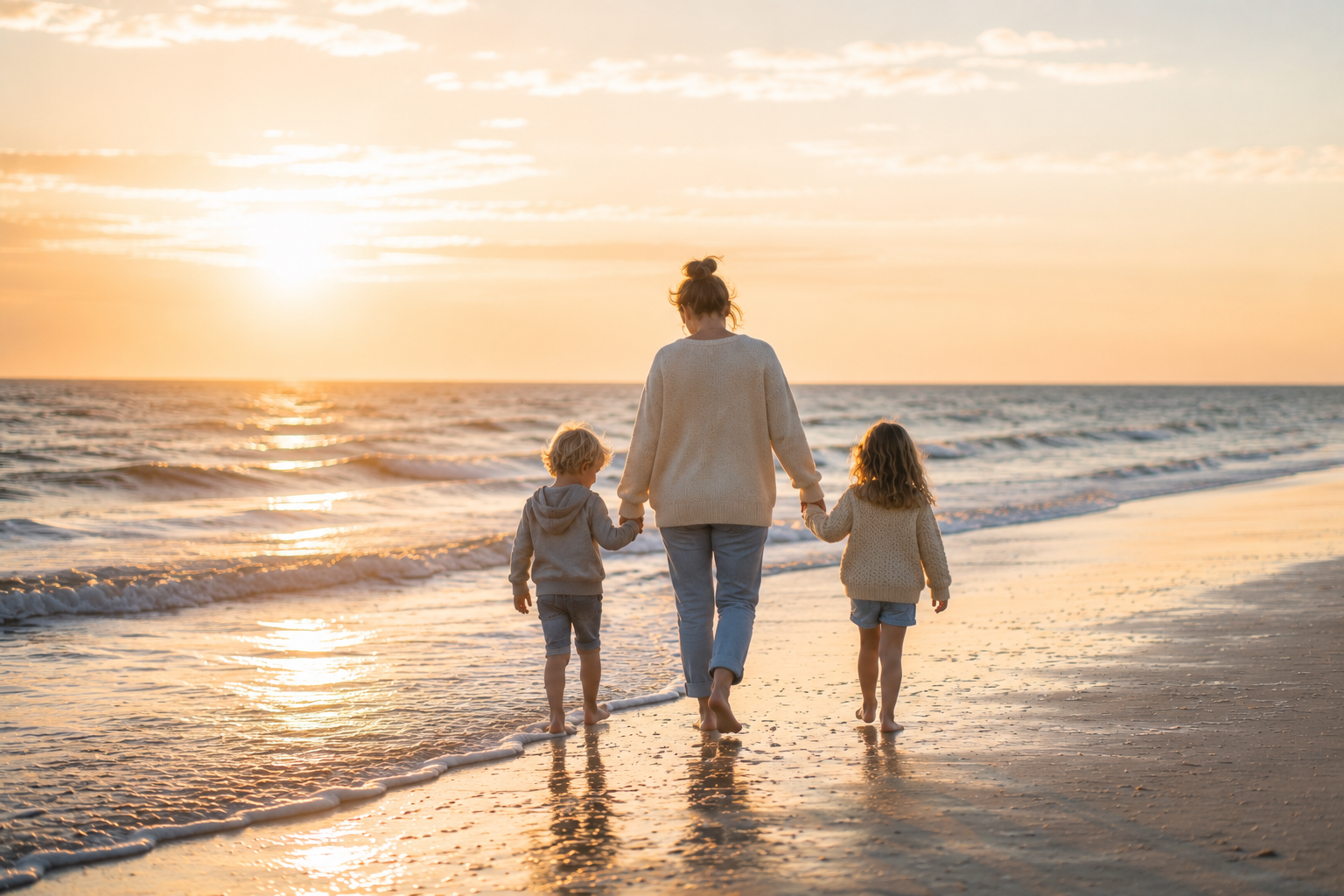 Frau am Meer mit Kindern an der Hand